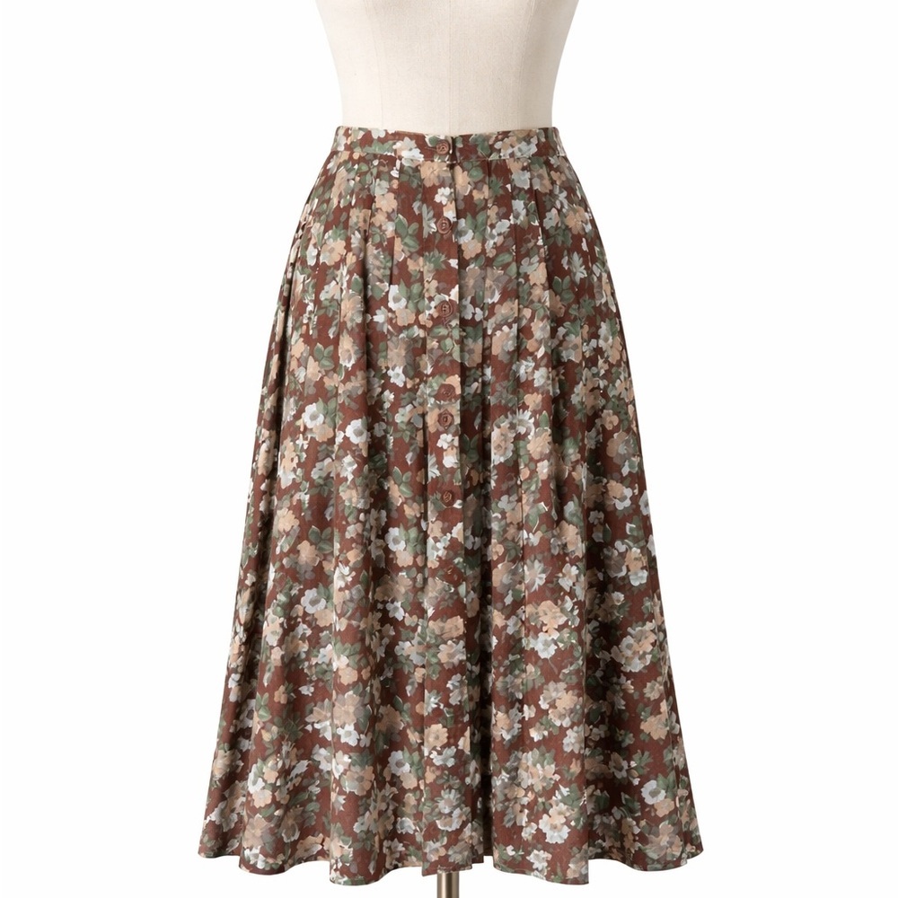 Vintage Saks Fifth Avenue Pleated Botton Front Brown Floral Midi Skirt Sz 8